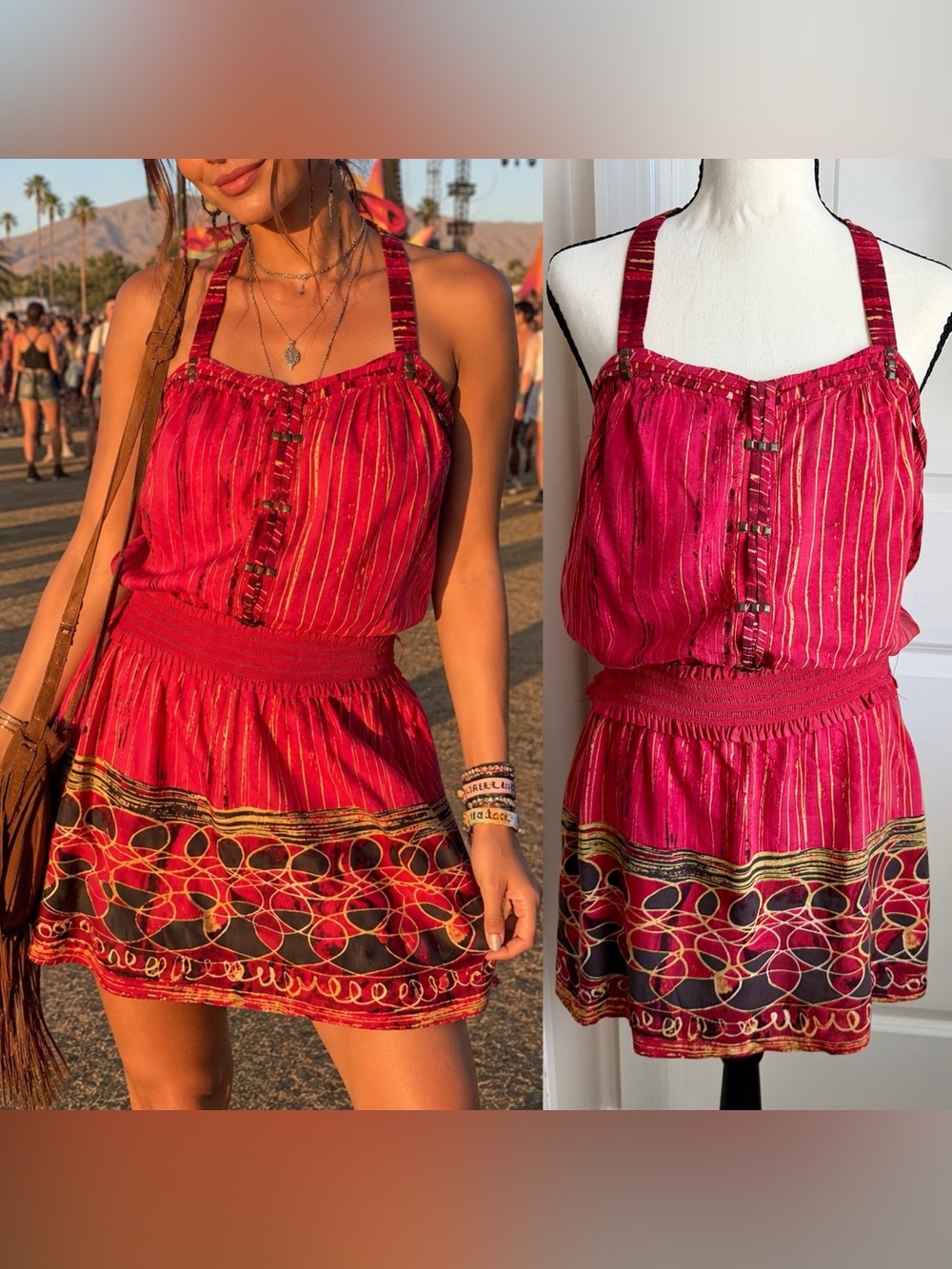 Kouture by Kimora Y2K Halter Racerback Smocked Waist Studded Mini Dress Red Sz M